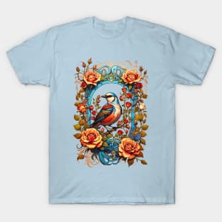 Bird on a branch with roses retro vintage floral design T-Shirt